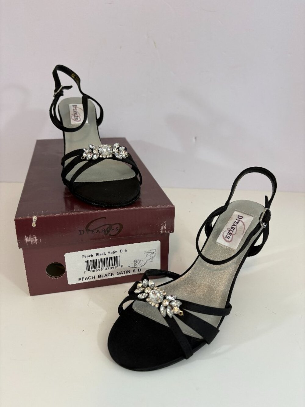 Dyeables Peach Black Satin Heels Rhinestones Strappy Size 6
